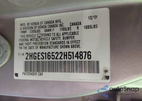 2002 Honda Civic Lx z USA, uszkodzony, nr VIN 2HGES16522H514876